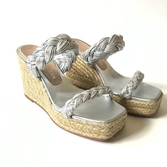 NWOB Stuart Weitzman Braida Espadrille Wedge Sandals Womens 11 Metallic Silver - Picture 9 of 15